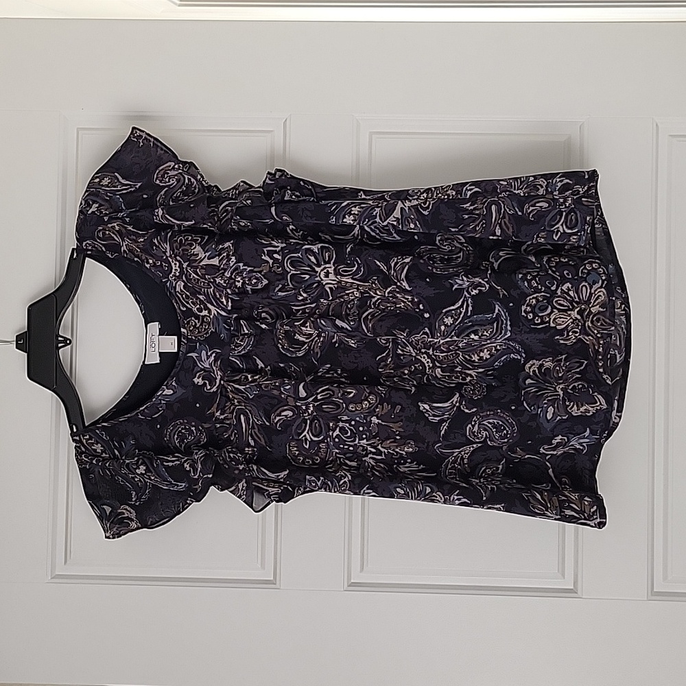 Pretty Blue Floral Top, Sheer over solid blue shell, flutter cap sleeves, Size M